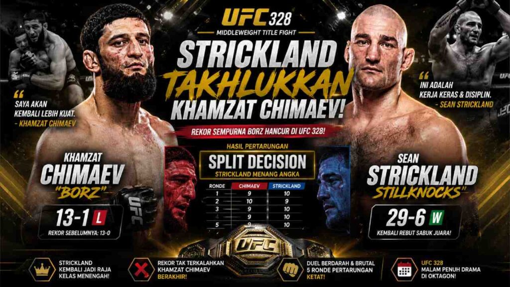 Khamzat Chimaev Kehilangan Rekor Sempurna Usai Tumbang dari Sean Strickland di UFC 328