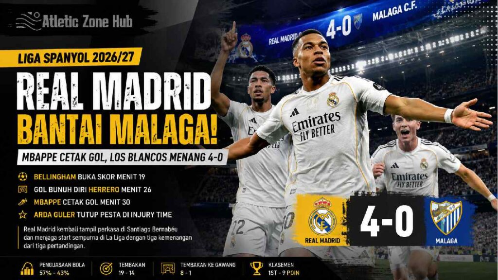 Hasil Liga Spanyol: Mbappe Cetak Gol, Real Madrid Bantai Malaga 4-0